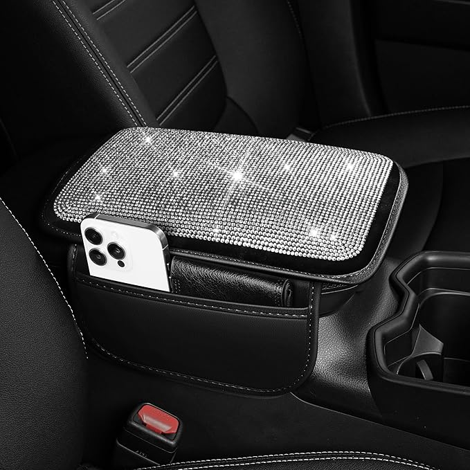 Bling Car Center Console Cover Custom Fit for Jeep Renegade - Leather Armrest Cover with 2 Storage Pockets and Crystal Rhinestones(Black)