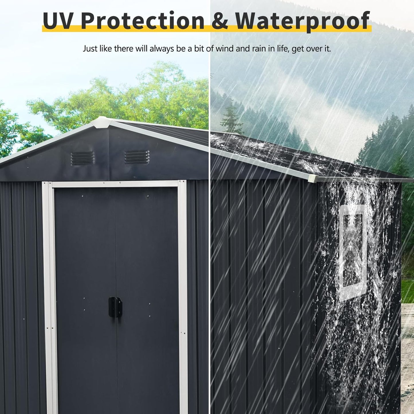 8x4 FT Outdoor Storage Shed,Metal Shed with Window & Floor,Garden Shed W/Air Vent & Lockable Sliding Door,All Weather Waterproof Tool House W/Sloped Roof,for Backyard,Patio,Lawn,Black+White