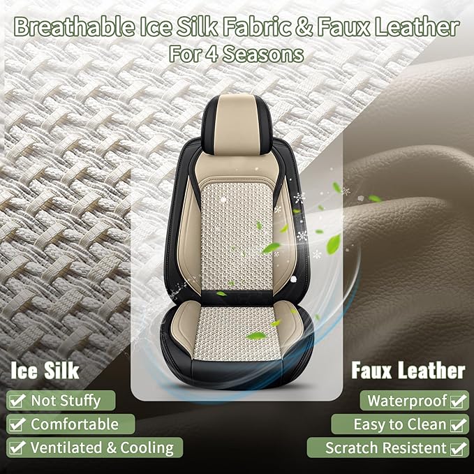 Car Seat Covers Front Seats for Nissan Altima 2009-2024 2025 2026 - Breathable Cooling Ice Silk Leather Seat Cover - 2 Seats for Nissan Altima Accessories (Black&Beige)