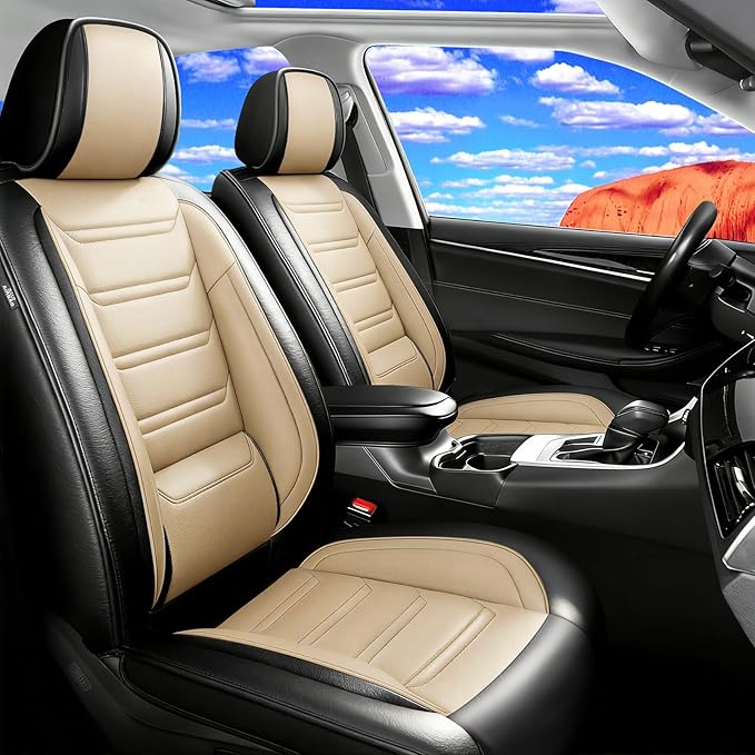 Fit Insight Car Seat Covers for Honda Insight 2010-2022 Premium Leather, Airbag Compatible, Scratch-Resistant, Waterproof All Weather Seat Protector, Airbag Compatible, Front Pair Black+Beige