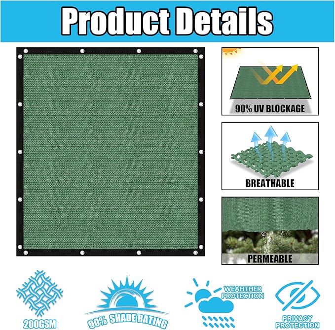 Amagenix 90% Pergola Shade Cover 14' X 16' Sun Shade Cloth with Grommets for Outdoor Garden Patio Porch, Commercial Grade 200 GSM - Cable Zip Ties Included (We Customized) GN108, Green