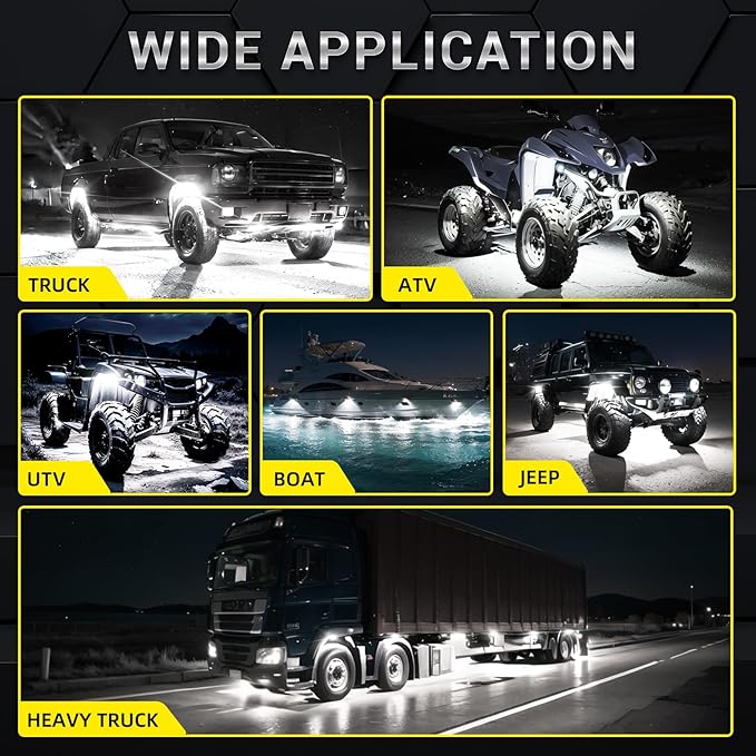 4 Pods Alloy Pure White LED Rock Lights for ATV SUV UTV RZR Trucks Trailer Offroad Pickup Fender, IP68 Waterproof Shockproof 6500K 24LEDs Super Bright White Underglow Kit with Switch Wiring Harness