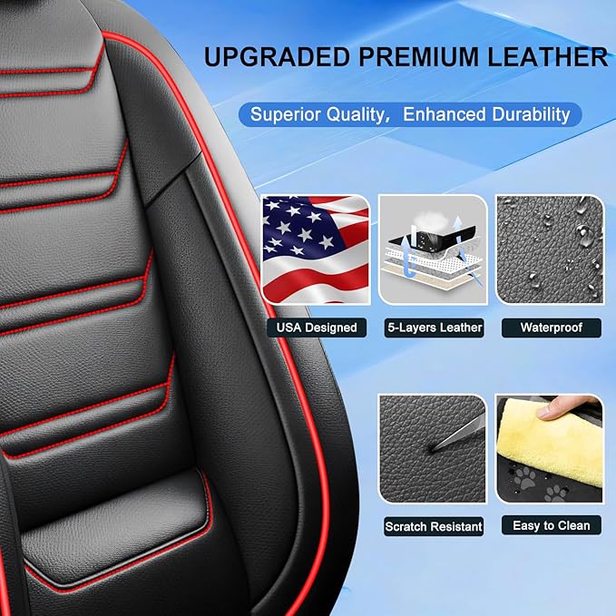 Fit CX-5 Car Seat Covers for Select Mazda CX5 2013-2024 2025 2026 - Premium Full Coverage Leather, Airbag Compatible, Waterproof & All Weather Seat Protector, Full Set, Black with Red Trim