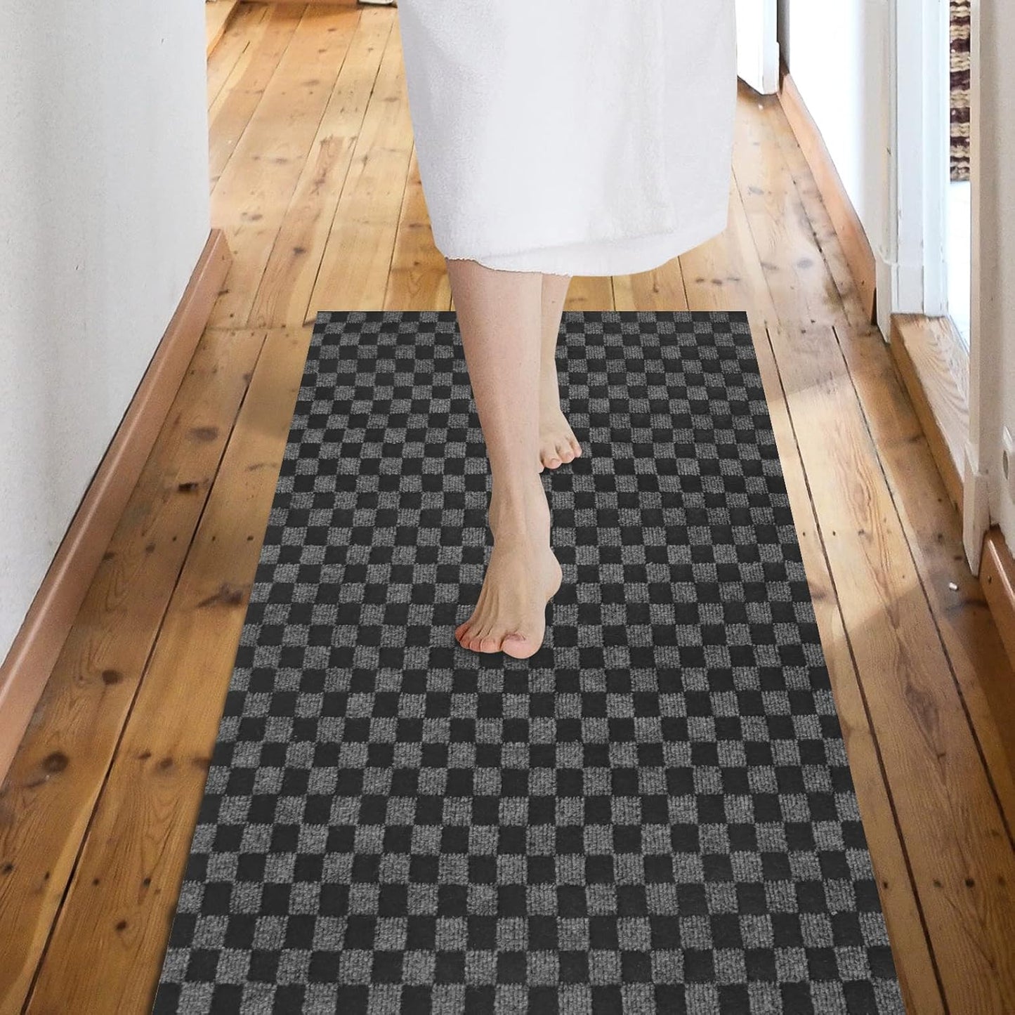 Custom Size Backed Non-Slip Area Rugs Runner, Easy Clean, Waterproof Runner Rugs for Hallway Entryway, Kitchen, Laundry, 2FT x 62FT, Gray Checkered