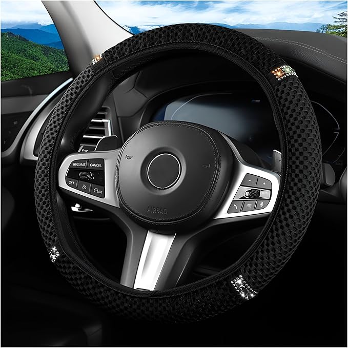 Bling Car Steering Wheel Cover, 15 Inch Crystal Rhinestones Elastic Stretch Breathable Vehicle Steering Wheel Protector for Women Girls, Universal Auto Interior Accessories (Black)