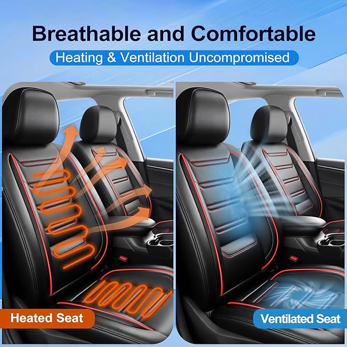 Fit CRV Car Seat Covers (Front Pair) for Select Honda CRV CR-V 2011-2026 - Premium Full Coverage Leather, Airbag Compatible, Waterproof & All Weather Seat Cushion Protector, Red Trim