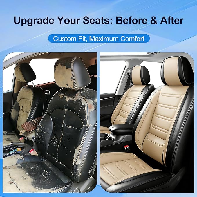 Fit Colorado Car Seat Covers for Select Chevy/Chevrolet Colorado 2015-2026, Premium Full Coverage Leather, Waterproof All Weather Breathable Seat Cushion Protector, Full Set, Black+Beige