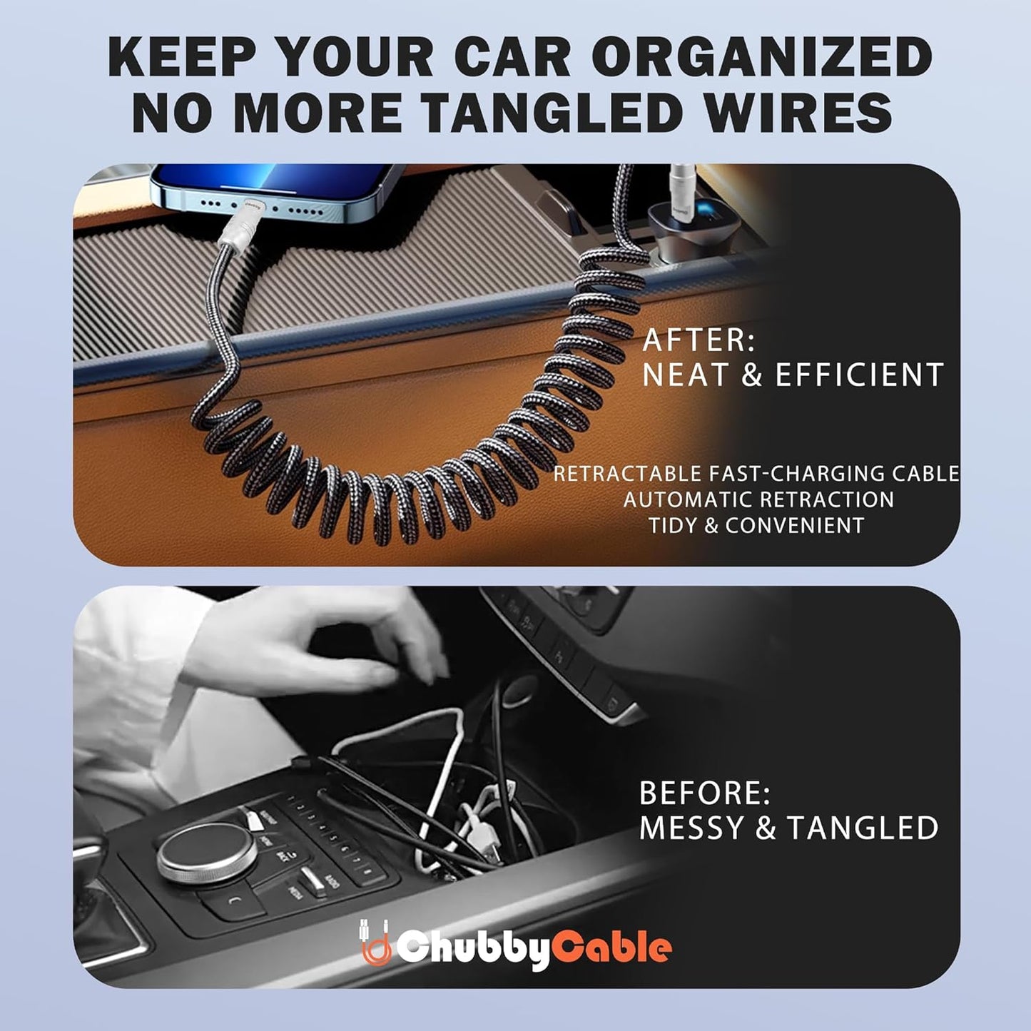chubbycable Curly Chubby - Retractable Fast Charging Cable 240W Coiled Charger Cord for Car Durable USB-C Cable for Phones, Tablets and More, Orange+Orange, USB-A to Type-C, 1.3FT-2.3FT
