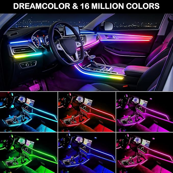 Dreamcolor Acrylic Interior Car LED Strip Light with APP Remote Control, RGB 8 in 1 with 235 inches 800 LEDs Fiber Optic Strip Lights for Car, Dynamic Chasing Music Sync Neon Car Ambient Lighting Kits