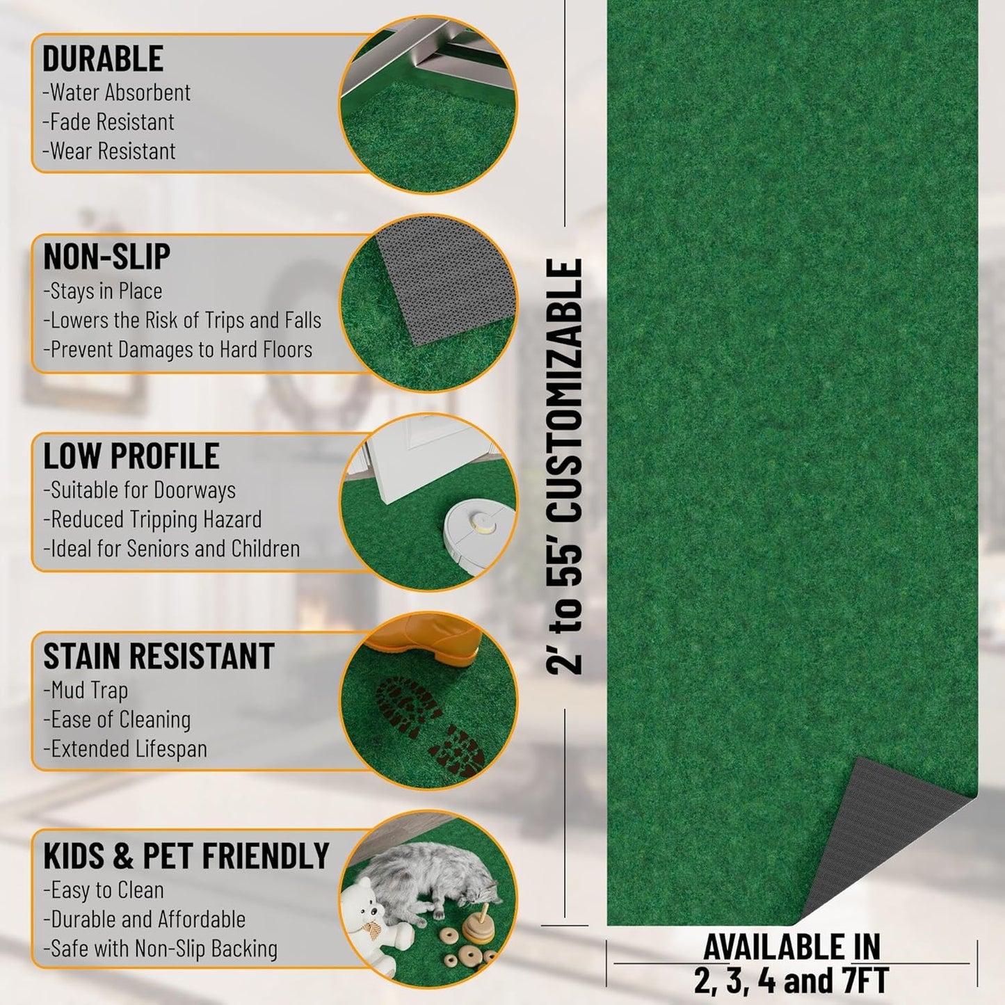 Ottomanson 6'6" x 7' Mud Mat Area Rug Scraper Carpet - Non-Slip, Dirt Trapping for Indoor & Outdoor Use - Ideal for Entryway, Garage, Kitchen, Patio & High-Traffic Areas, Green