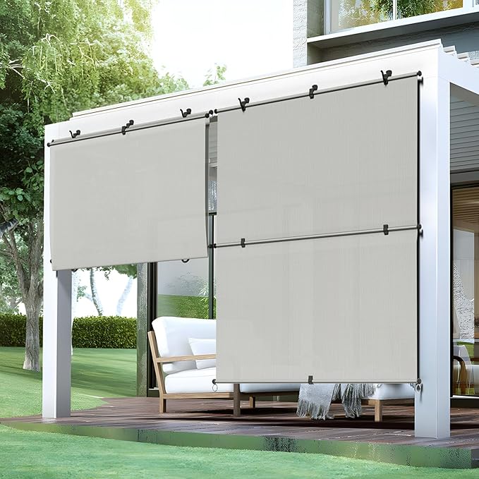 Bynbbur 6'W x 6.5'H Outdoor Patio Shades Foldable Roller Blinds, 220 GSM Sun Shade Roll Up Porch Screens Exterior Shade Cloth for Deck Pergola Backyard, Light Gray