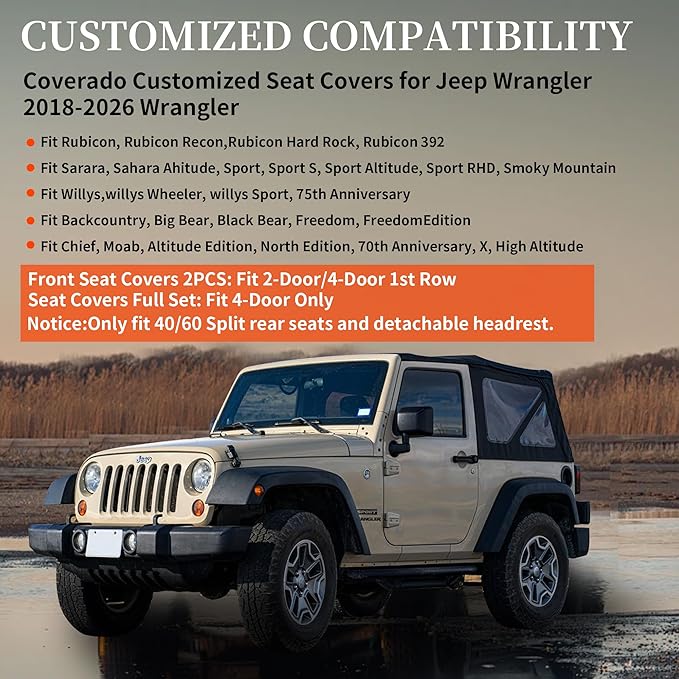 Coverado Seat Covers for Jeep Wrangler, Leather Front Covers for Truck Automotive Wrangler Custom Fit for 2018-2024 Jeep Wrangler JL Seat Covers 2-Door/4-Door Full Coverage(Gray)
