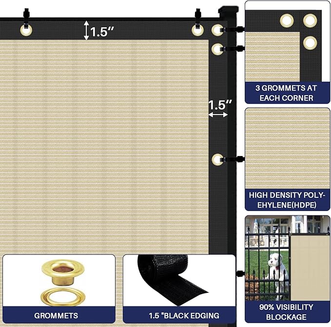 Windscreen4less Privacy Fence Screen Heavy Duty Windscreen Fencing Mesh Fabric Shade Net Cover with Brass Grommtes for Outdoor Wall Garden Yard Pool Deck, 8'x62' Beige
