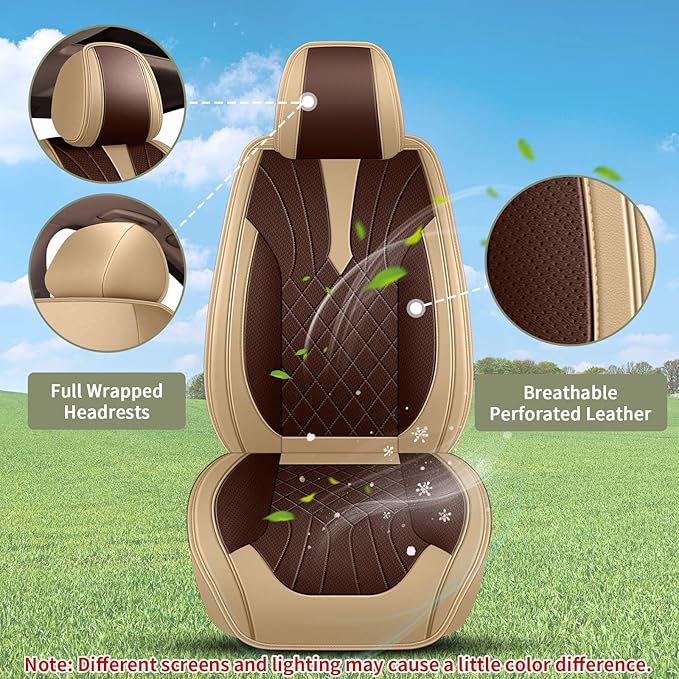 Breathable Car Seat Covers for Subaru Crosstrek 2016-2024 2025 2026, Front Seats, Perforated Leather, Seat Protector, Interior Trim for Subaru Crosstrek Accessories (Beige&Brown)
