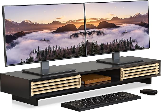Dual Monitor Stand Riser with Sliding Door, Double Computer Laptop Stand Desk