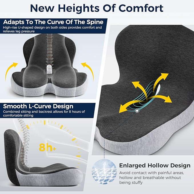 Seat Cushion, Office Chair Seat Cushions for Office Chair with L-Shaped Ergonomic Design, Memory Foam Chair Cushion for Long Sitting Office Worker(Black Gray)