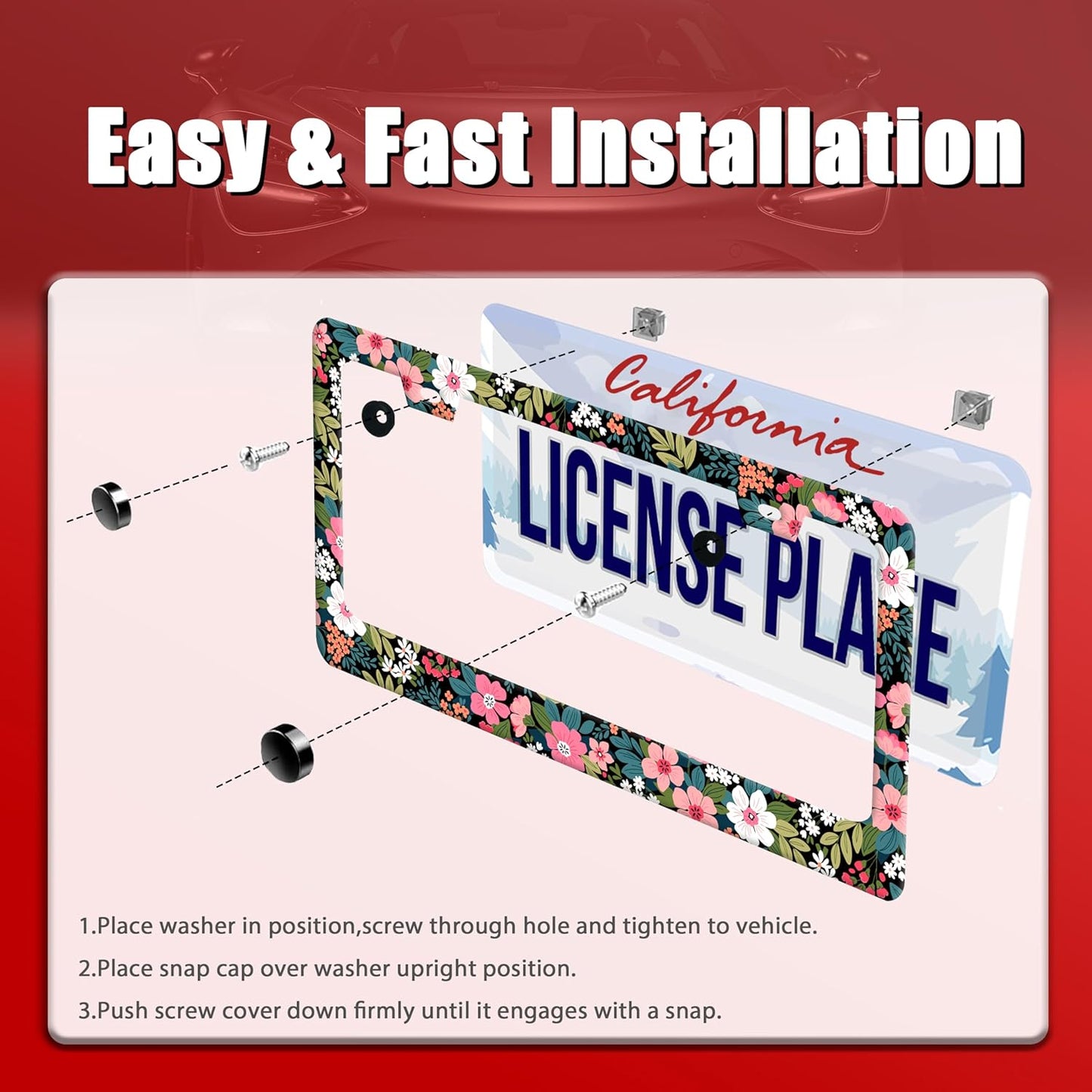 Folk Art Flowers License Plate Frame Beautiful Floral License Plate Holder Funny Personalise Car Stainless Stee Decorative Parts for Standard Us Canada Vehicles 12x6 Inch for Women Men