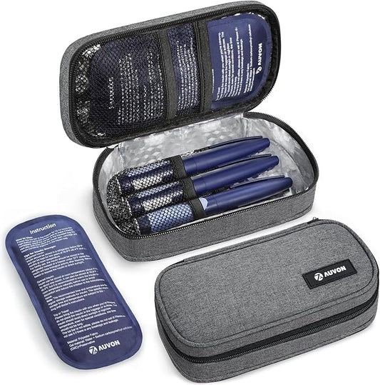 AUVON Insulin Cooler Travel Case with 2 x 160g Ice Packs, 10–11 Hour Cooling, Compact Insulated Diabetic Medication Bag Fits 3–4 Insulin Pens & Diabetic Supplies, 8.27 x 4.33 x 2.56 in, TSA-Friendly