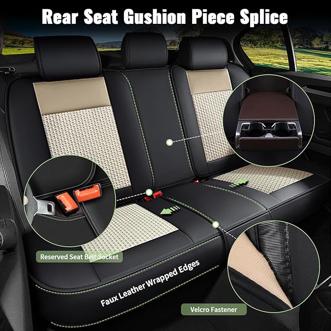 Car Seat Covers Full Set for Subaru Legacy 1995-2024 2025 2026, Breathable Cooling Ice Silk Leather Car Seat Covers, 5 Seats Vehicle Seat Protector Seat Cushion Auto Accessories (Black&Beige)