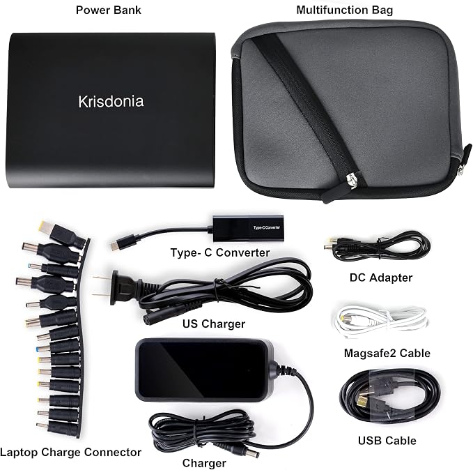 Krisdonia 50000mAh Laptop Power Bank 5/9/12/16/19/20V Portable Laptop Battery