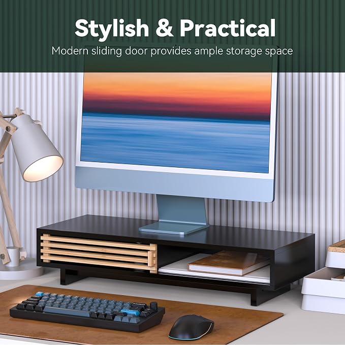 Monitor Stand Riser with Sliding Door, Computer Laptop Stand Desk Shelf