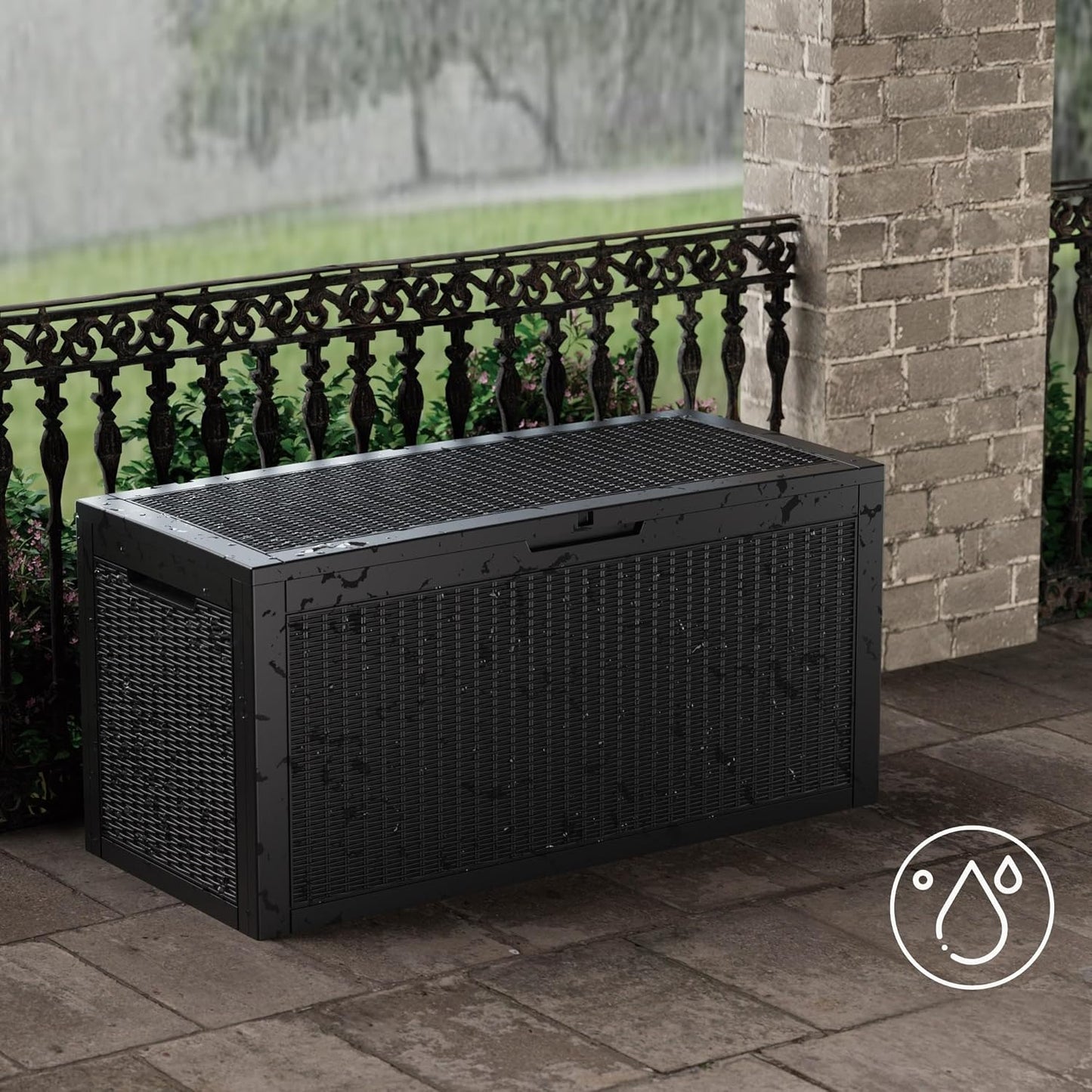 100 Gallon Resin Deck Box, Waterproof Outdoor Storage Bin for Patio Furniture, Pool Accessories, and Garden Tools, Lockable & UV-Resistant, Black