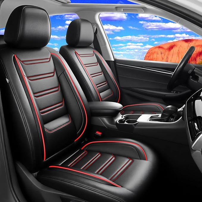 Fit Prologue Car Seat Covers for Select Honda Prologue 2024-2026 - Premium Full Coverage Leather, Airbag Compatible, Waterproof & All Weather Seat Cushion Protector, Full Set, Red Trim