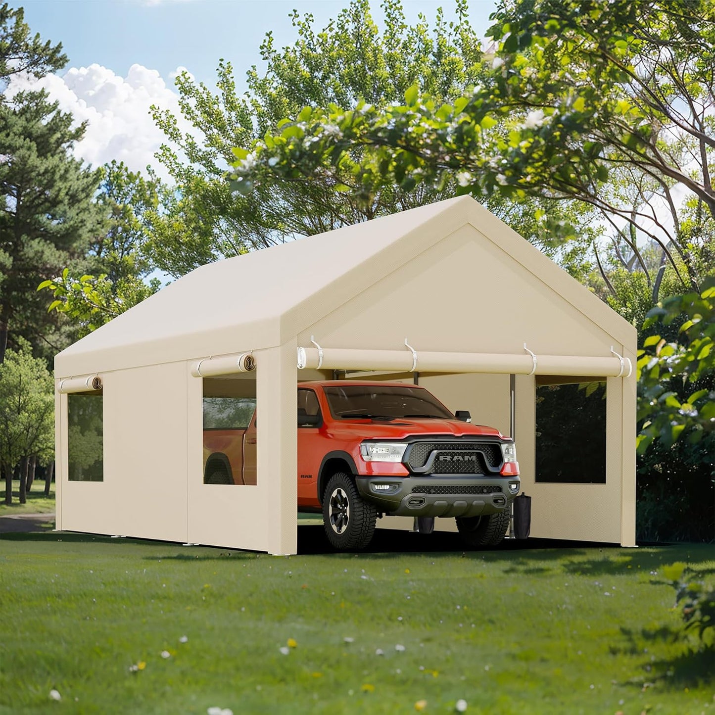 JY QAQA Carport, 10x20 FT Heavy Duty Carport Reinforced Steel Poles with Removable Sidewalls & Doors,Roll-up Windows Car Canopy with Sandbags and All-Season Tarp for Car Boat Truck Motorcycle