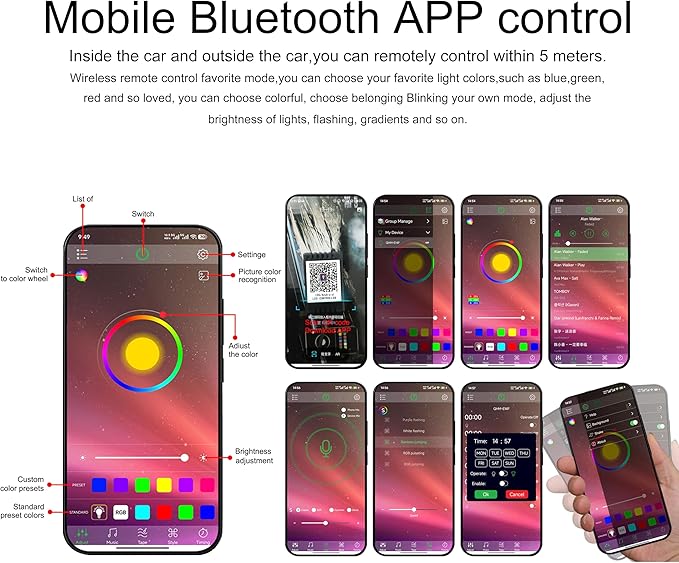 8 m Optic Fiber Car Ambient Footwell Lighting Kit Bluetooth App Control 64 Colors Multicoloured Music Interior Lighting Kit 12V 1W