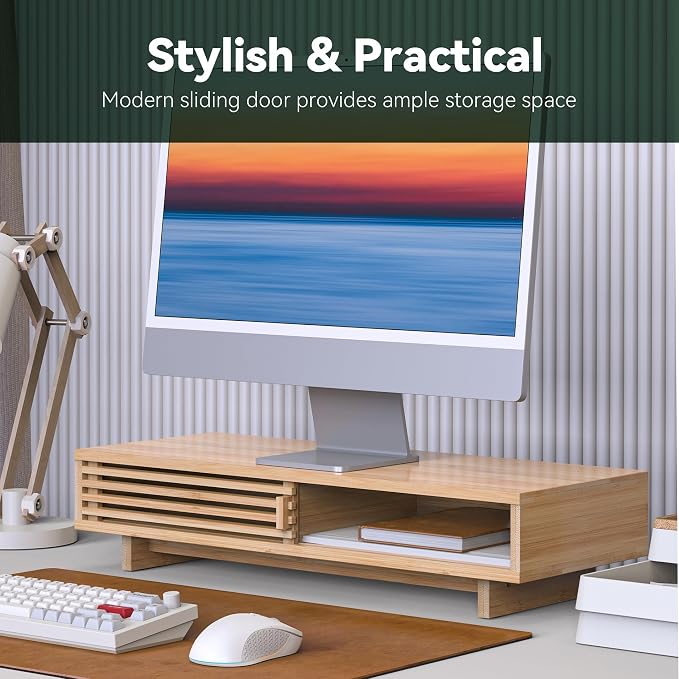 Monitor Stand Riser with Sliding Door, Computer Laptop Stand Desk Shelf