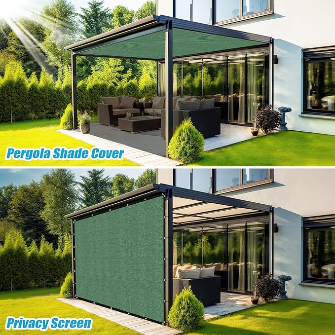Amagenix 90% Pergola Shade Cover 7' X 12' Sun Shade Cloth with Grommets for Outdoor Garden Patio Porch, Commercial Grade 200 GSM - Cable Zip Ties Included (We Customized) GN108, Green