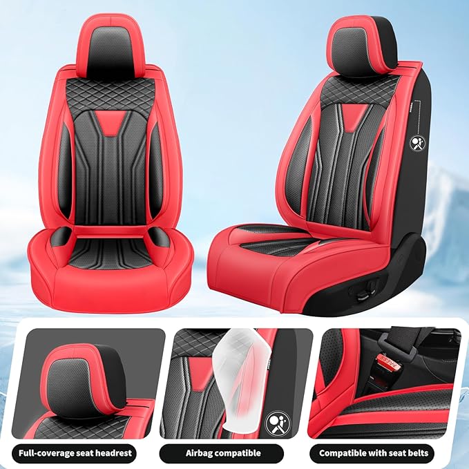 Fit Kona Car Seat Covers for Select Hyundai Kona 2018-2025 2026. Premium Leather, Waterproof， Breathable, Scratch-Resistant & All-Weather Seat Cushion Protector (Front Pair, Red&Black)