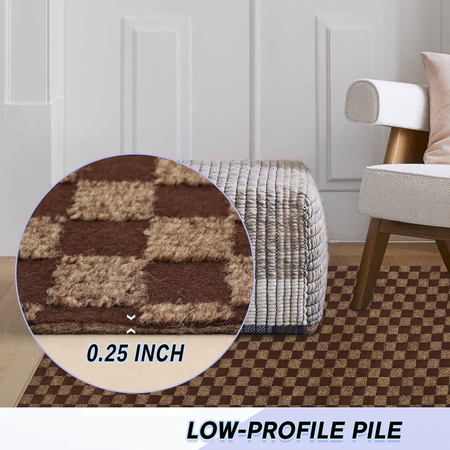 Custom Size Backed Non-Slip Area Rugs Runner, Easy Clean, Waterproof Runner Rugs for Hallway Entryway, Kitchen, Laundry, 3FT x 58FT, Brown Checkered