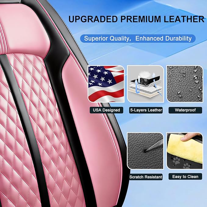 Fit Sonic Car Seat Covers for Select Chevrolet/Chevy Sonic 2012-2020, Premium Full Coverage Leather, Airbag Compatible, Waterproof All Weather Seat Cushion Protector, Front Pair Black+Pink