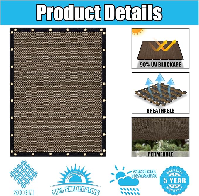 Amagenix 90% Shade Fabric 16'X 17' Mocha Sun Shade Cloth with Grommets for Pergola Replacement Shade Cover Canopy, Heavy Duty, Cable Zip Ties Included (We Customized)