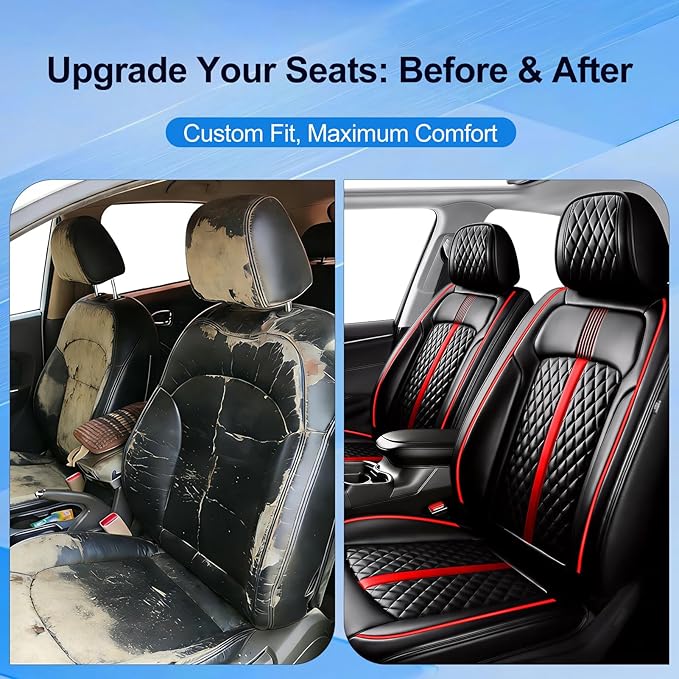 Fit CX-3 Car Seat Covers (Front Pair) for Select Mazda CX3 2016-2024 - Premium Full Coverage Leather, Airbag Compatible & Scratch-Resistant, Waterproof All Weather Seat Protector, Red Trim