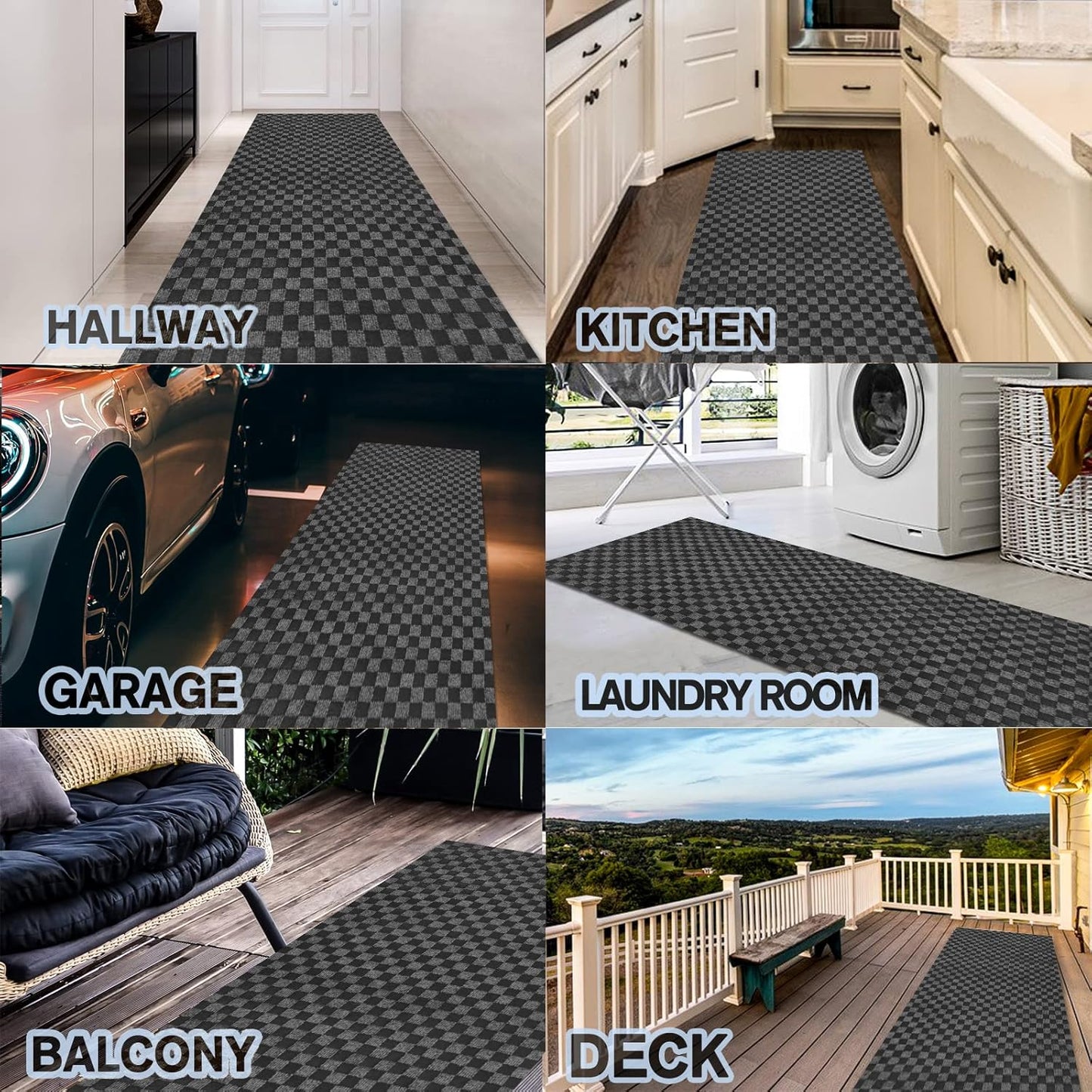 Custom Size Backed Non-Slip Area Rugs Runner, Easy Clean, Waterproof Runner Rugs for Hallway Entryway, Kitchen, Laundry, 2FT x 70FT, Gray Checkered