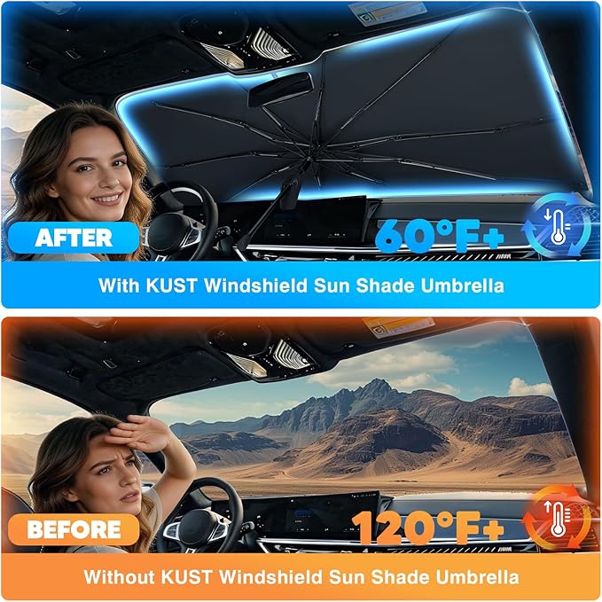KUST Custom Fit Windshield Sun Shade Umbrella for Hyundai Santa Cruz 2022-2025 2026 | Foldable Sunshade with Bendable Handle | Blocks Heat & UV Scratch Resistant Keep Cool Sunshield