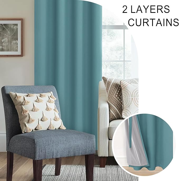 XWZO 100% Blackout Curtains - Thermal Insulated Black Liner Curtains, Noise Reducing and Heat Blocking Drapes for Hall and Studio Windows with Tiebacks, Stone Blue, W38 x L72, Set of 2