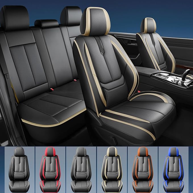 Fit Avalon Car Seat Covers for Toyota Avalon 2001-2024 2025 2026 -Upgraded Premium Waterproof & Breathable Leather,Airbag Compatible,All-Weather Seat Cushion Protector,Full Set,Black-Beige