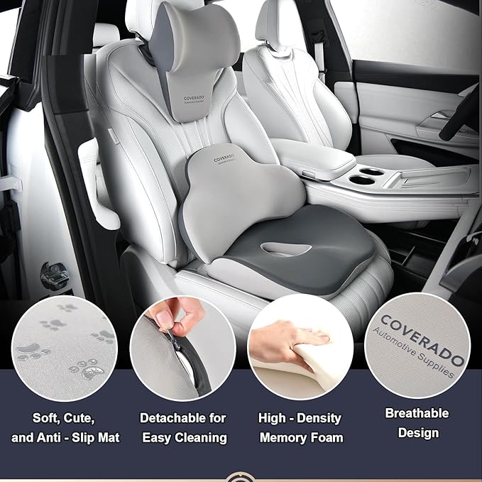 Coverado Seat Cushion and Lumbar Support Headrest Pillow for Car Office Chair, Ergonomic Memory Foam Chair Cushion Back Neck Support Pillow, Sciatica & Back & Tailbone Pain Relief Cushion-Bgray