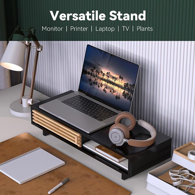 Monitor Stand Riser with Sliding Door, Computer Laptop Stand Desk Shelf