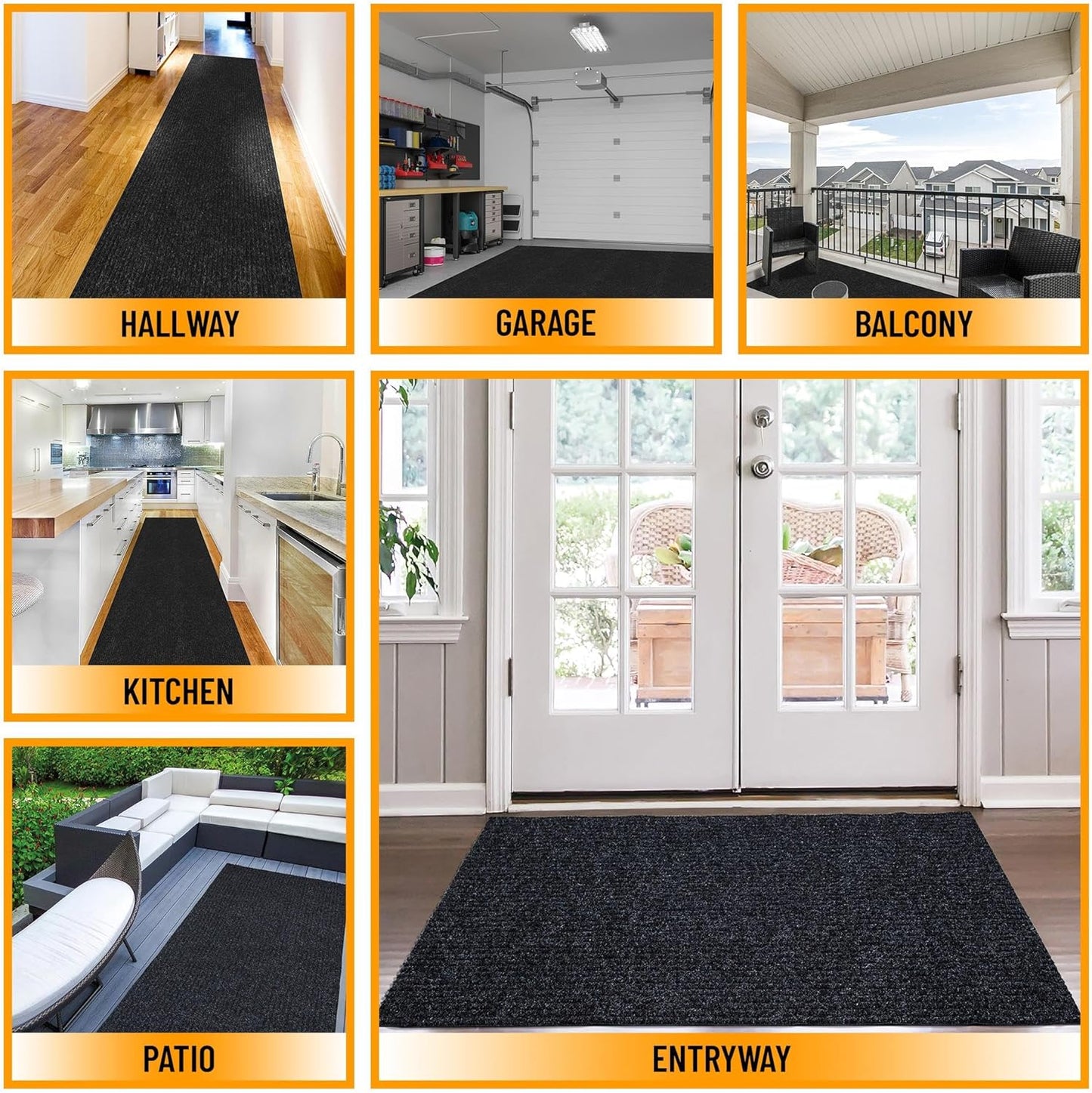 Ottomanson 2' x 11' Hallway Runner with Scraper Pile Extra Durable Non-Slip Rug Mat for Indoor & Outdoor Use - Ideal for Kitchen, Entryway, Patio & Garage - High-Traffic Carpet, Black