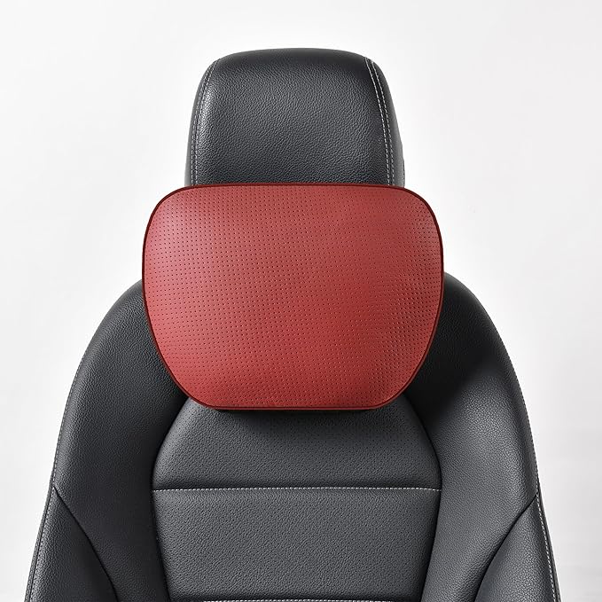 Genuine Leather Car Neck Pillow for headrest,Support Drive Seats Head Cushion,Real Cow Leather,11.8x7.5”,Plant-Based Polyester,Thickness & Height Adjustable,Inner Liner fillable(Wine,1p)