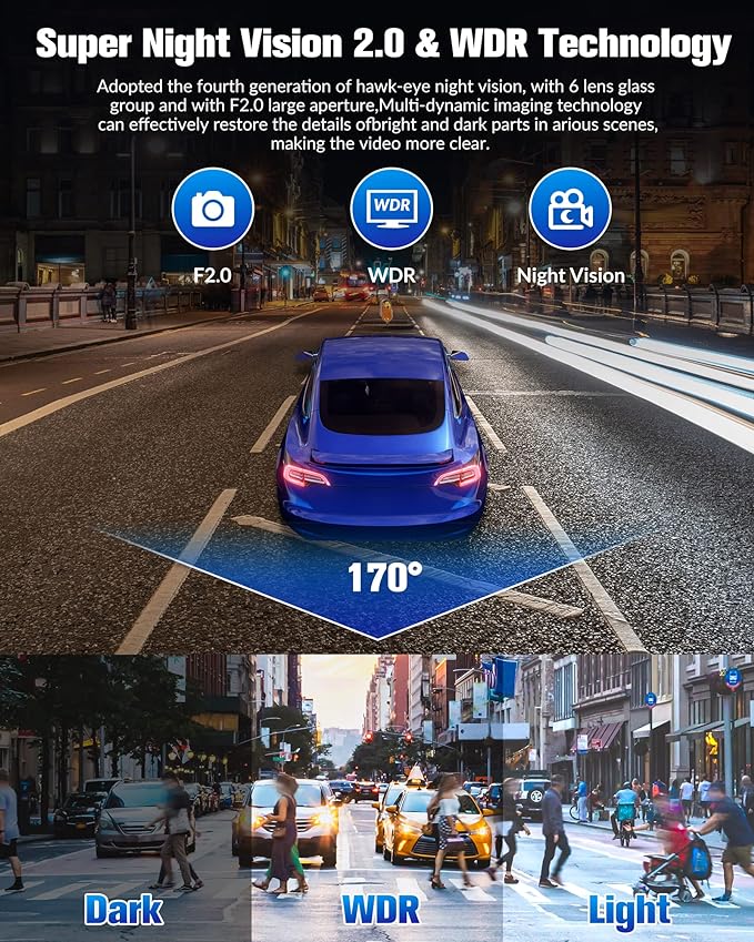 Dash Camera for Cars,4K Full UHD Car Camera Front Rear with 32GB Card,Built-in Super Night Vision,2.0'' IPS Screen,170°Wide Angle,WDR, 24H Parking Mode, Loop Recording
