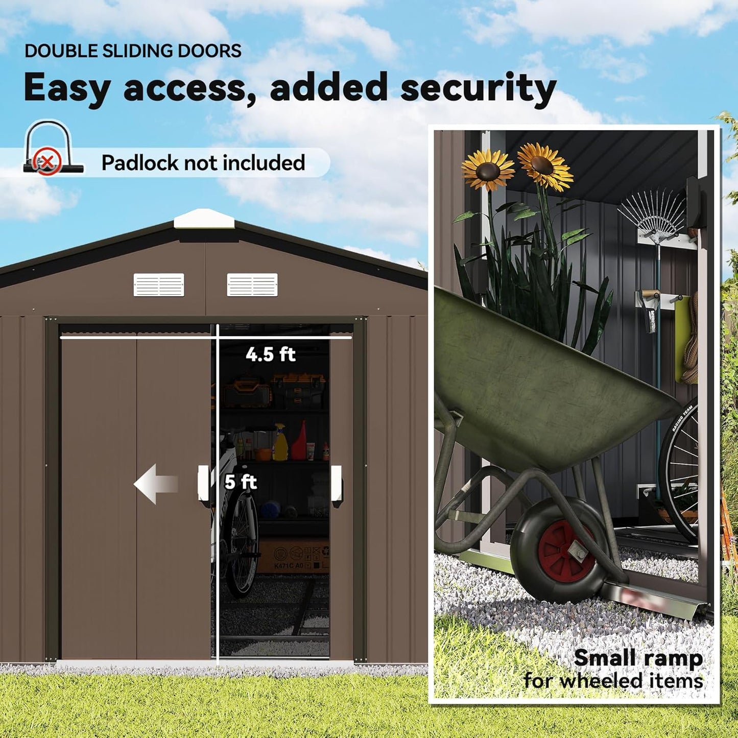 Outsunny 11' x 13' Outdoor Storage Shed, Garden Tool Metal Shed with Foundation Kit, Double Lockable Door, Air Vents and Sloping Roof, for Backyard, Patio, Lawn, Brown