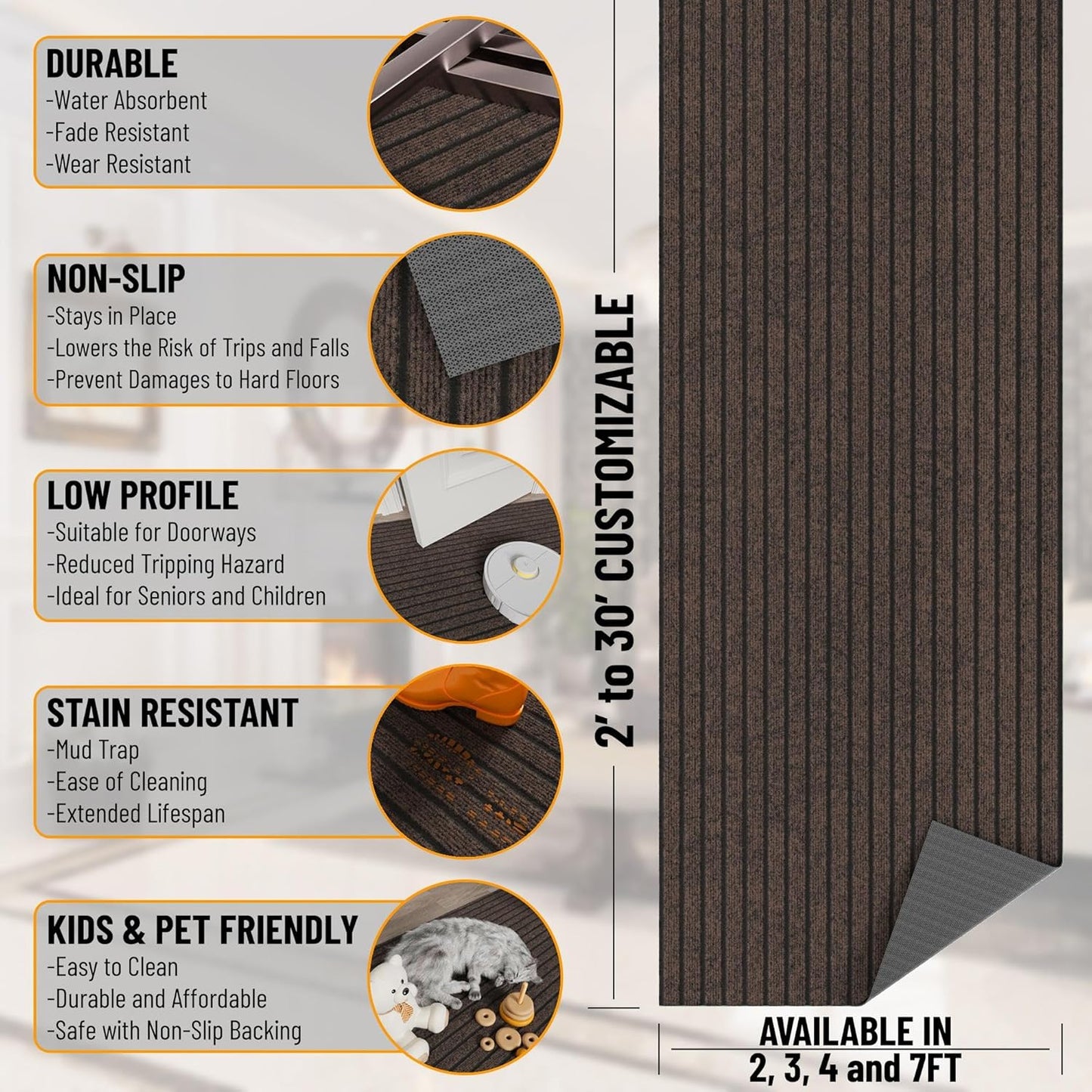 Ottomanson 2'7" x 43' Hallway Runner with Scraper Pile - Extra Durable Non-Slip Rug Mat for Indoor & Outdoor Use - Ideal for Kitchen, Entryway & Garage - High-Traffic Carpet, Brown