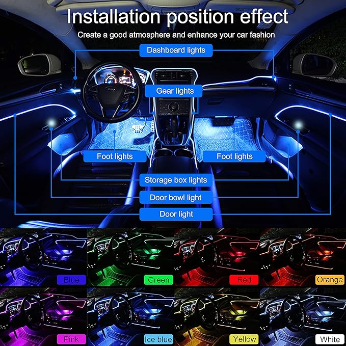 Car Interior Ambient Lighting Optic Fiber RGB 64 Colors Multicoloured Music Car Footwell Lighting Kit with Cigarette Lighter and App Microphone, 12-24V 4m