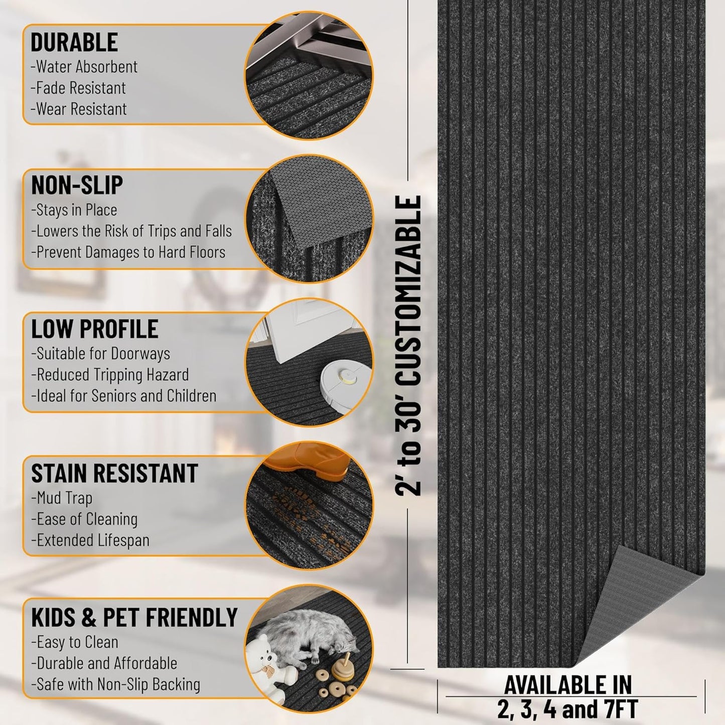 Ottomanson 2' x 44' Hallway Runner with Scraper Pile Extra Durable Non-Slip Rug Mat for Indoor & Outdoor Use - Ideal for Kitchen, Entryway, Patio & Garage - High-Traffic Carpet, Black