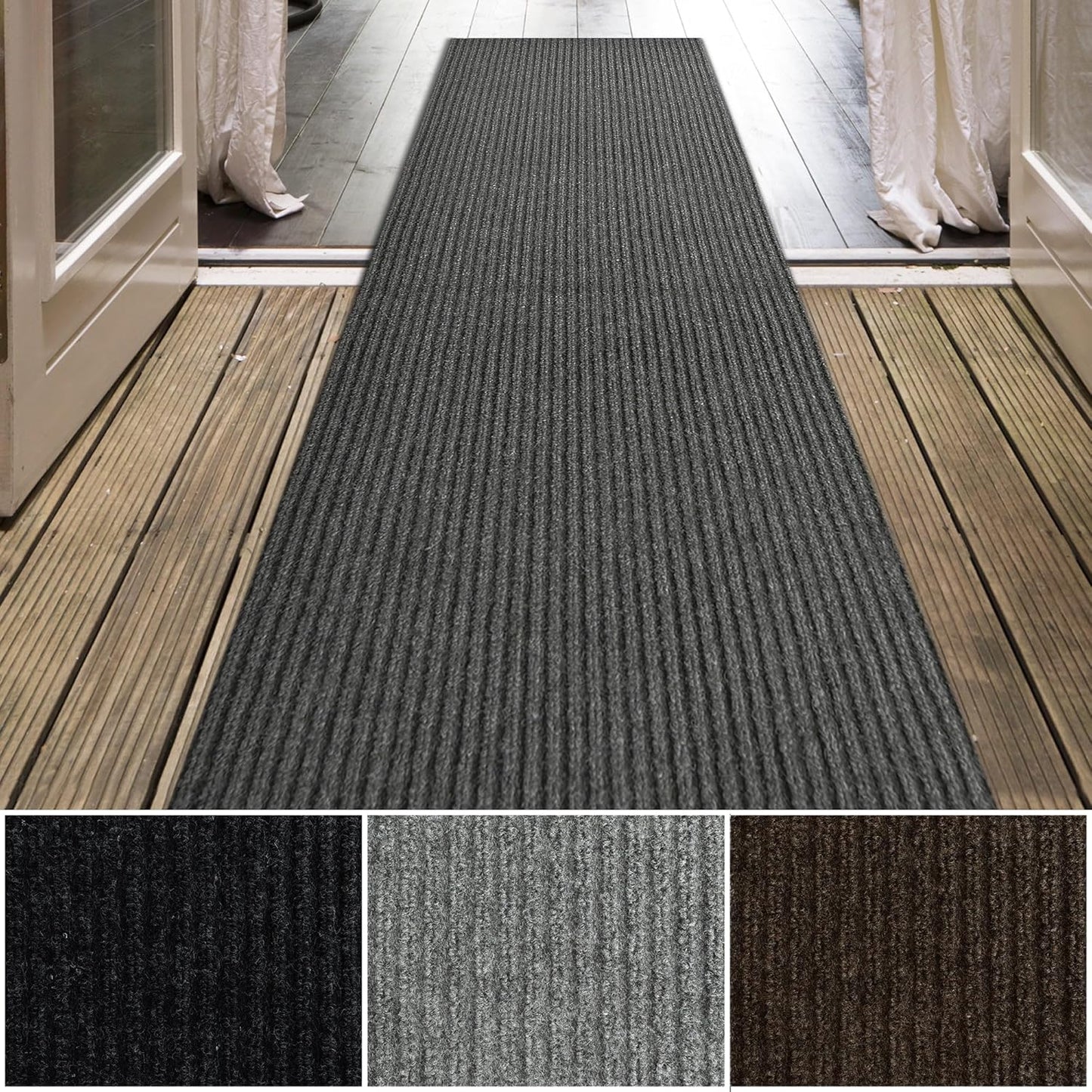 iCustomRug Spartan Weather Warrior Indoor/Outdoor Utility Ribbed Carpet Runner with Non-Slip Thermoplastic Rubber Backing, 3ft X 44ft in Charcoal